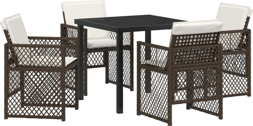 5-delt Hage Spisebord Set med Puter Brun Poly Rattan, Hage Bord Svart 80x80x73 cm Herdet Glass