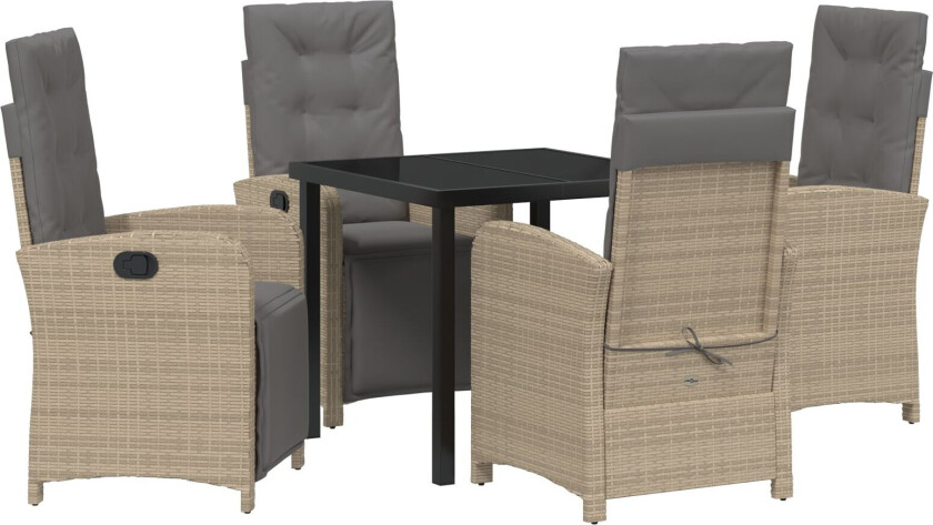 5 Delt Hage Spisegruppe med Puter Beige Poly Rottings, Hagebord Svart 80x80x73 cm Herdet Glass