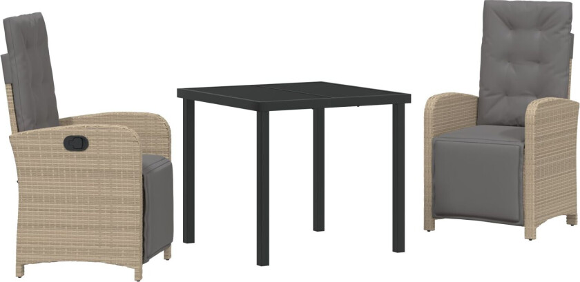 3-delt hage spisegruppe med puter Beige poly rattan, hagebord svart 80x80x73 cm herdet glass