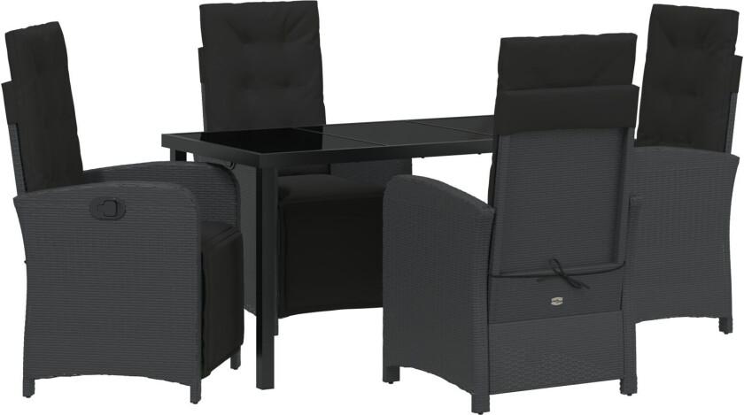 5-delt Hage Spisegruppe med Puter Svart Poly Rottning, Hagebord Svart 140x80x73 cm Herdet Glass
