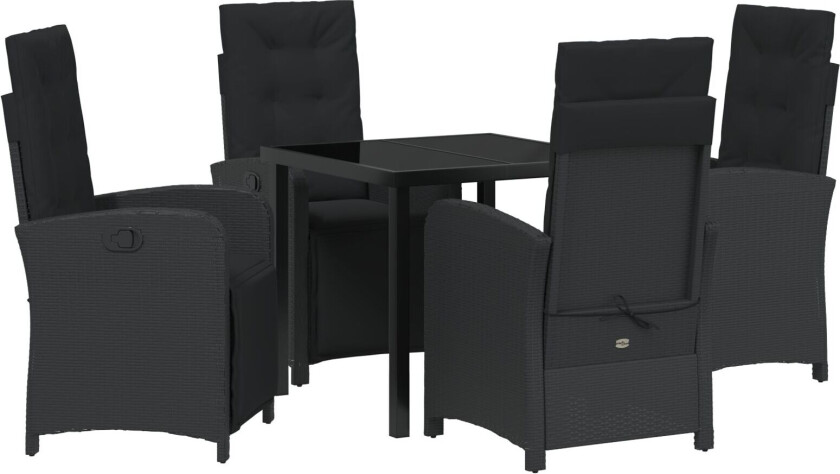 5 Delt Hagemøbelsett med Puter Svart Polyrotting, Hagebord Svart 80x80x73 cm Herdet Glass