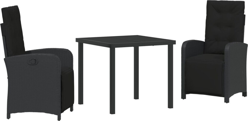 3 Delt Hage Spisegruppe med Puter Svart Polyrotting, Hage Bord Svart 80x80x73 cm Herdet Glass