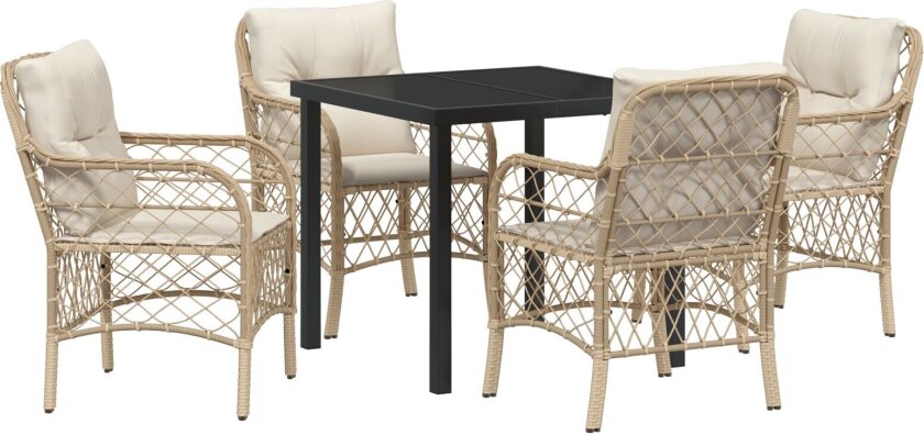 5 Delt Hage Spisebordsett med Puter Beige Poly Rattan