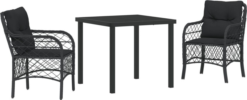 3-delt hage-spisestol med puter svart poly-rotting