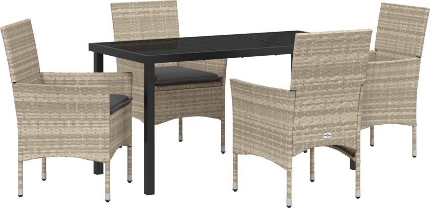 5 deler hage spisebord sett med puter lys grå poly rattan, hage bord svart 140x80x73 cm herdet glass