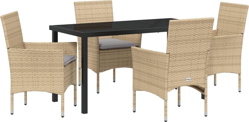 5-delt Hage Spisesett med Puter Beige Poly Rattan, Hagebord Svart 140x80x73 cm Herdet Glass