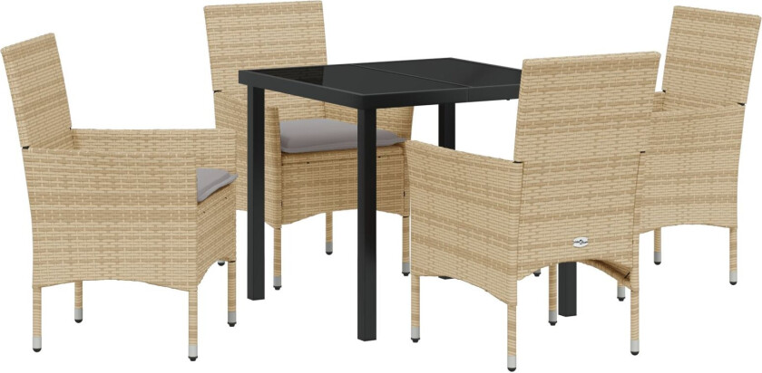 5 Dels Hage Spisestue Set med Puter Beige Poly Rattan, Hagebord Svart 80x80x73 cm Temperert Glass