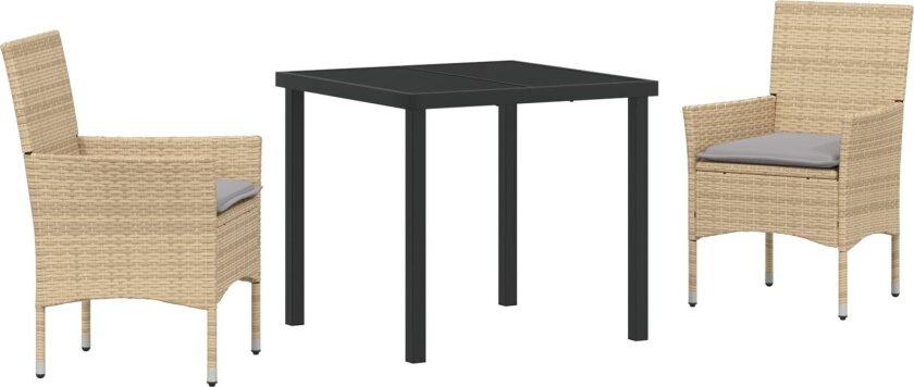 3-delt hage spisegruppe med puter beige polyrotting, spisebord svart 80x80x73 cm herdet glass