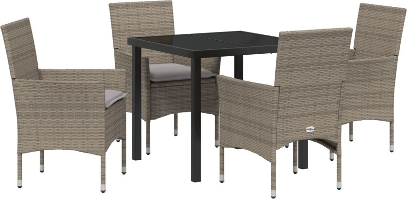 5 Deler Hage Spisebord Set med Puter Grå Poly Rattan, Hage Bord Svart 80x80x73 cm Herdet Glass