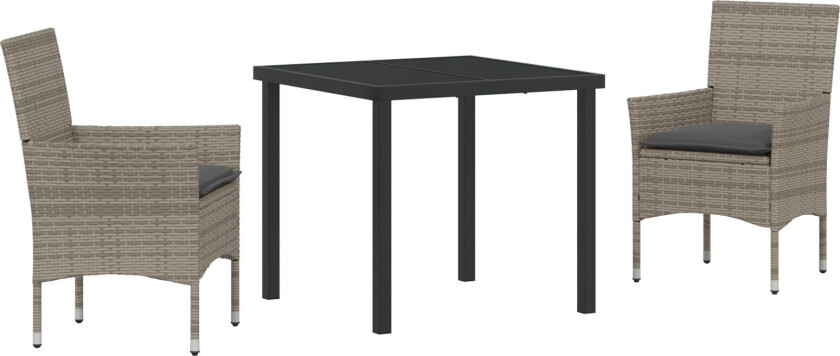 3 Delt Hage Spisesett med Puter Grå Polyrotting, Hagebord Svart 80x80x73 cm Herdet Glass