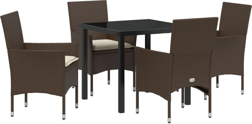 5-delt hage spisebordsett med puter Brun polyrotting, hagebord Svart 80x80x73 cm herdet glass