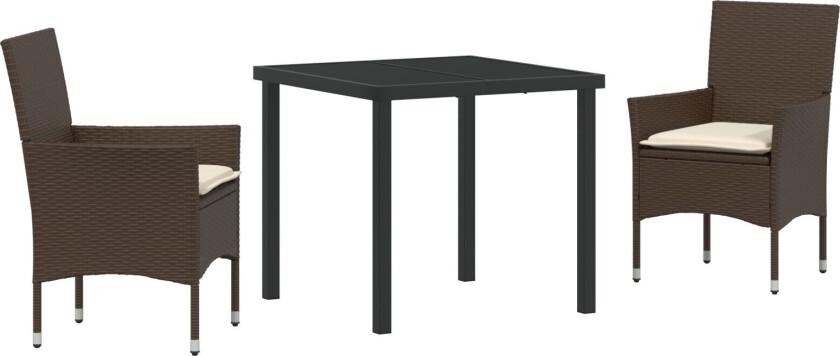 3 Delt Hage Spisestue Set med Puter Brun Poly Rottings, Hagebord Sort 80x80x73 cm Herdet Glass