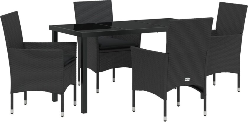 5 Delers Hage Spisebordsett med Puter Svart Poly Rottning, Hagebord Svart 140x80x73 cm Herdet Glass