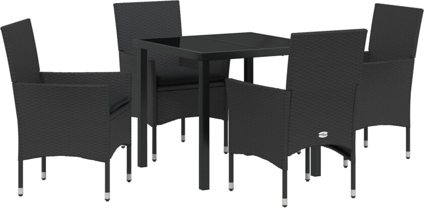 5 deler hage spiseplass med puter svart poly rotting, hagebord svart 80x80x73 cm herdet glass