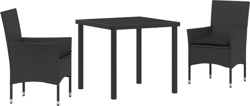 3-delt Hage Spisesett med Puter Svart Polyrotting, Hagebord Svart 80x80x73 cm Herdet Glass