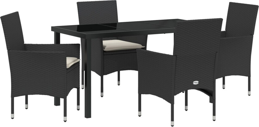 5 Delers Hage Spisebordsett med Puter Svart Poly Rottning, Hagebord Svart 140x80x73 cm Herdet Glass