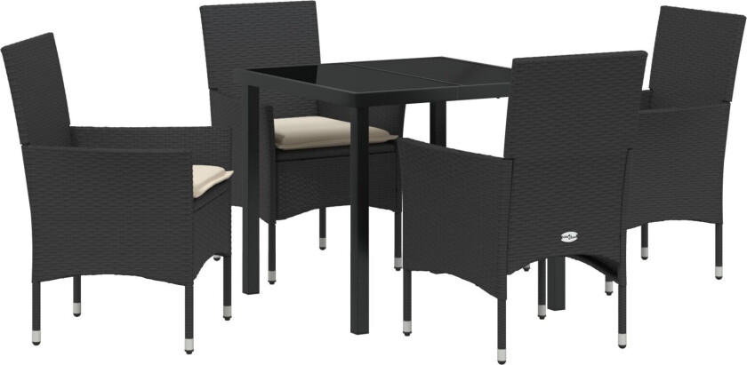 5-delt hage spisestue med puter svart poly rotting, hagebord svart 80x80x73 cm herdet glass