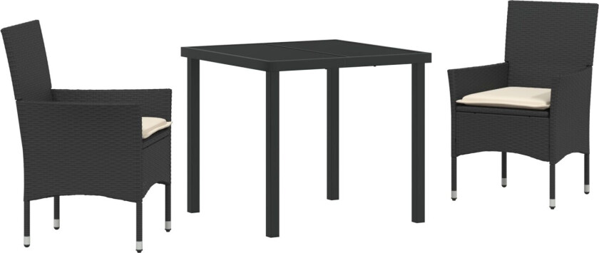 3-delt hagemøbelsett med puter i svart polyrotting, Hagebord i svart 80x80x73 cm med herdet glass