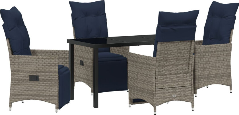 5-delt hagespisegruppe med puter grå polyrotting, hagebord svart 140x80x73 cm med herdet glass