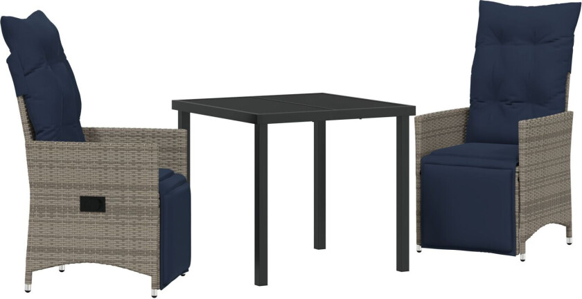 3-delt Hage Spisegruppe med Puter Grå Polyrotting, Hagebord Svart 80x80x73 cm Herdet Glass