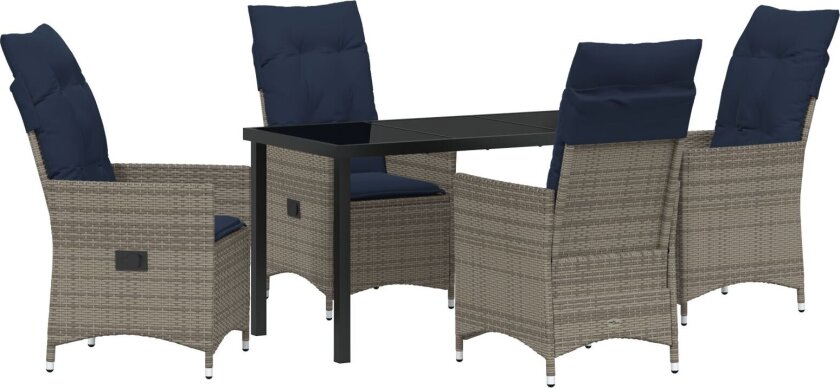5 Delt Hage Spisebordsett med Puter Grå Poly Rattan, Hagebord Svart 140x80x73 cm Herdet Glass