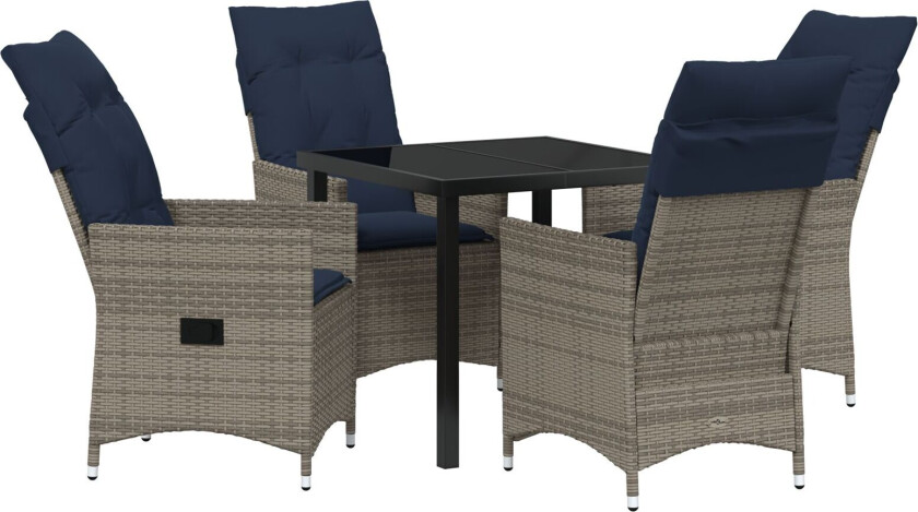 5 deler hage spisegruppe med grå poly rotting puter, svart hagebord 80x80x73 cm herdet glass