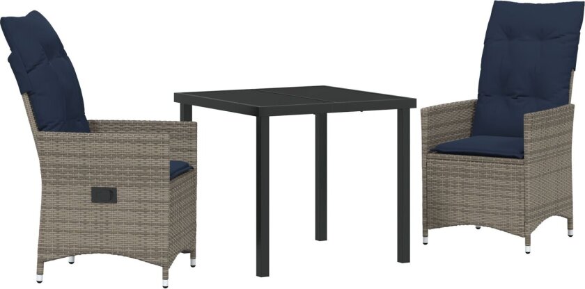 3-delt hage spisegruppe med puter grå poly rattan, Hagebord svart 80x80x73 cm herdet glass