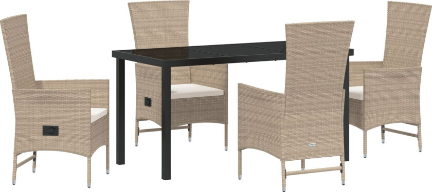 5-delt hage spisebord sett med puter beige poly rattan