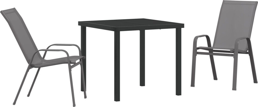 3-delt hage dining set grå textilene og stål, hagebord svart 80x80x73 cm herdet glass