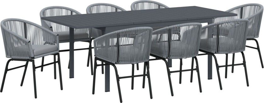 10-delt hagemøbelsett med puter i grå poly rattank, Utvidbart hagebord i antrasitt (140-210)x90x73 cm i stål