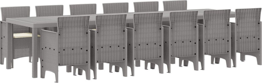 13 Delers Hage Spisebordsett med Puter Lysegrå Poly Rattan, Hagebord Lysegrå 200x100x73 cm Poly Rattan, Hagebord Lysegrå 150x100x73 cm Poly Rattan, Hage Stoler med Puter 4 stk Lysegrå Poly Rattan