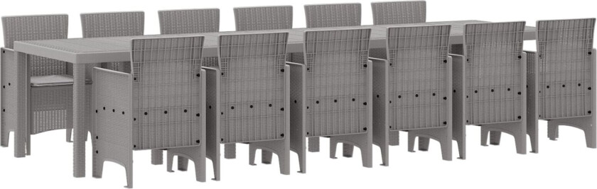 13-delt hagemøbelsett med puter lysegrå polyrotting, hagebord lysegrå 200x100x73 cm polyrotting, hagebord lysegrå 150x100x73 cm polyrotting, hagemøbler med puter 4 stk lysegrå polyrotting