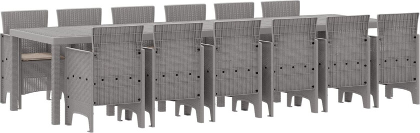 13-delt hage spisebordsett med puter Lysegrå Polyrotting, Hagebord Lysegrå 200x100x73 cm Polyrotting, Hagebord Lysegrå 150x100x73 cm Polyrotting, Hage stoler med puter 4 stk Lysegrå Polyrotting