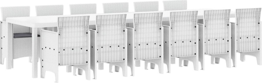 13-Delt Hage Spisegruppe med Puter Hvit Poly Rottning, Hage Bord Hvit 200x100x73 cm Poly Rottning, Hage Bord Hvit 150x100x73 cm Poly Rottning, Hage Stoler med Puter 4 stk Hvit Poly Rottning