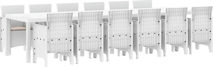 13-delers hage spisesett med puter Hvit Polyrotting, hagebord Hvit 200x100x73 cm Polyrotting, hagebord Hvit 150x100x73 cm Polyrotting, hage stoler med puter 4 stk Hvit Polyrotting