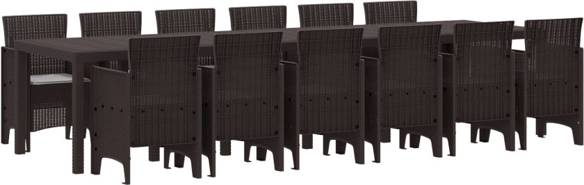 13 deler hage spisesett med puter brun polyrotting, hagebord brun 200x100x73 cm polyrotting, hagebord brun 150x100x73 cm polyrotting, hage stoler med puter 4 stk brun polyrotting