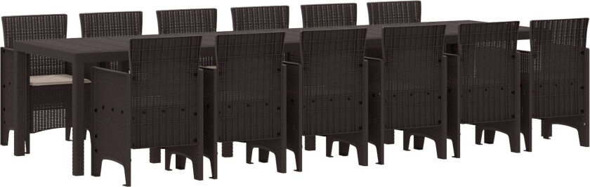 13-delt hagespisemøbelsett med puter i brun polyrotting, hagebord brun 200x100x73 cm polyrotting, hagebord brun 150x100x73 cm polyrotting, hage stoler med puter 4 stk brun polyrotting