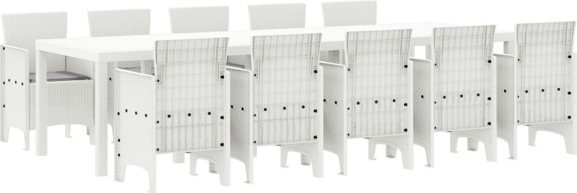 11 Deler Hage Spisegruppe med Puter Hvit Poly Rattan, Hagebord Hvit 150x100x73 cm Poly Rattan, Hage Stoler med Puter 2 stk Hvit Poly Rattan, Hage Stoler med Puter 4 stk Hvit Poly Rattan