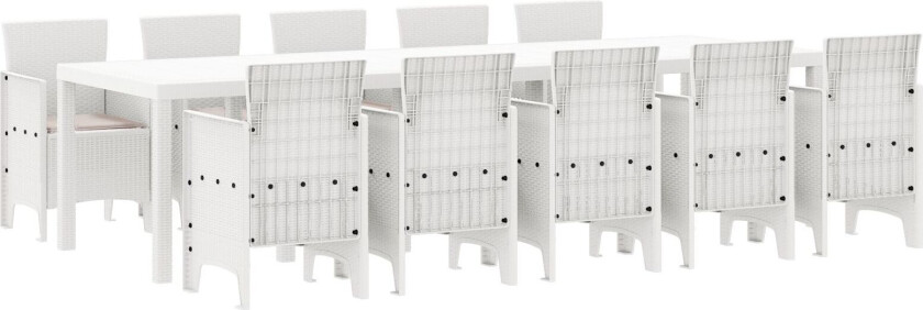 11-dels hagespisemøbel med puter Hvit Polyrotting, hagebord Hvit 150x100x73 cm Polyrotting, hagestoler med puter 2 stk Hvit Polyrotting, hagestoler med puter 4 stk Hvit Polyrotting