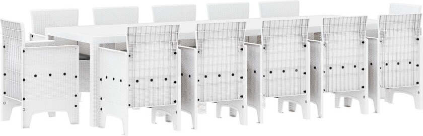 13-delers hage spisebord med puter hvit polyrotting, hagebord hvit 150x100x73 cm polyrotting, hage stoler med puter 4 stk hvit polyrotting
