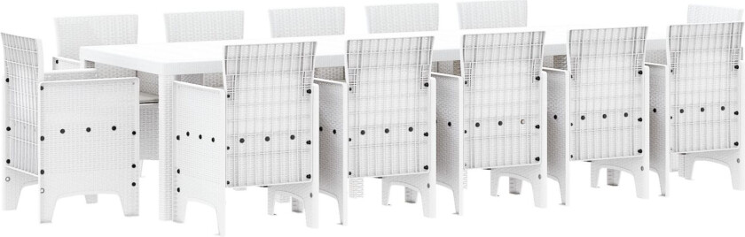 13-delt hage spisebordsett med puter hvitt polyrotting, hagebord hvitt 150x100x73 cm polyrotting, hage stoler med puter 4 stk hvitt polyrotting