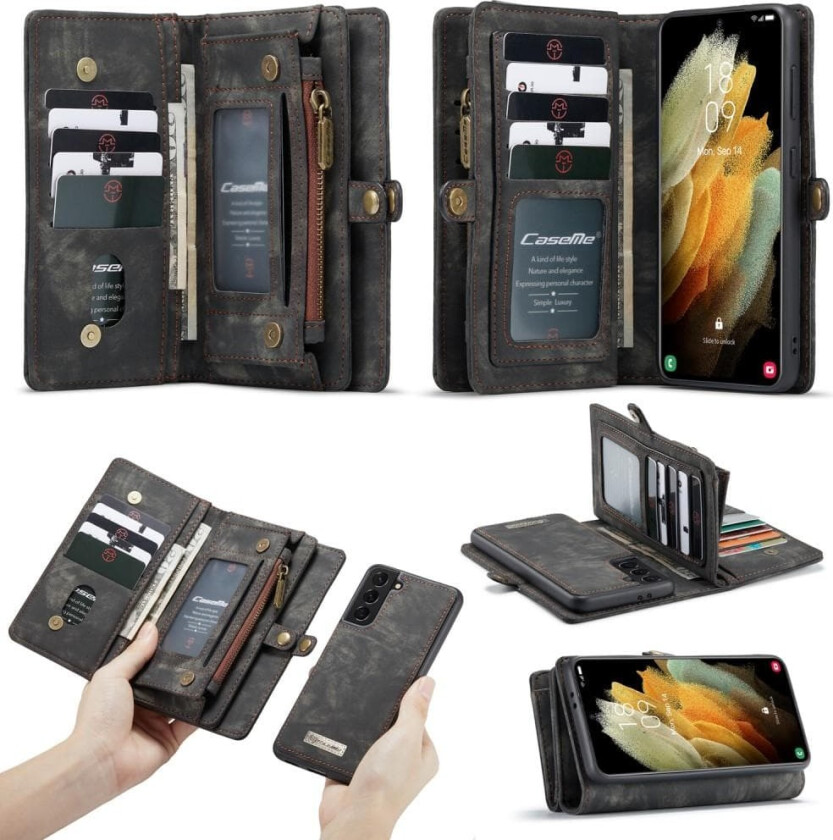 CASEME Samsung Galaxy S21+ (Plus) Retro Lær Lommebok-deksel - Grå/Svart