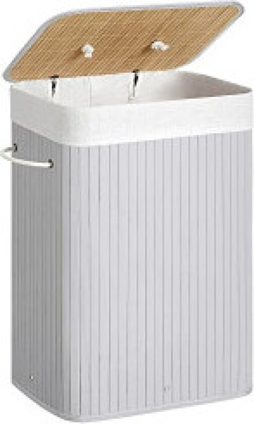 Plassbesparende skittentøyskurv i grå bambus med lokk, 72L