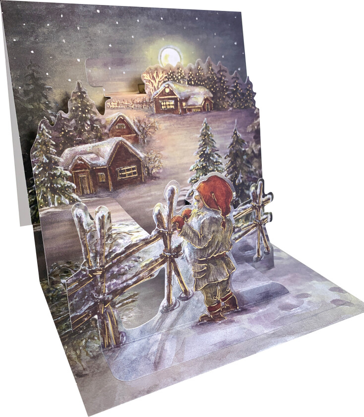 Kort doble 3D jul nisse ved skigard