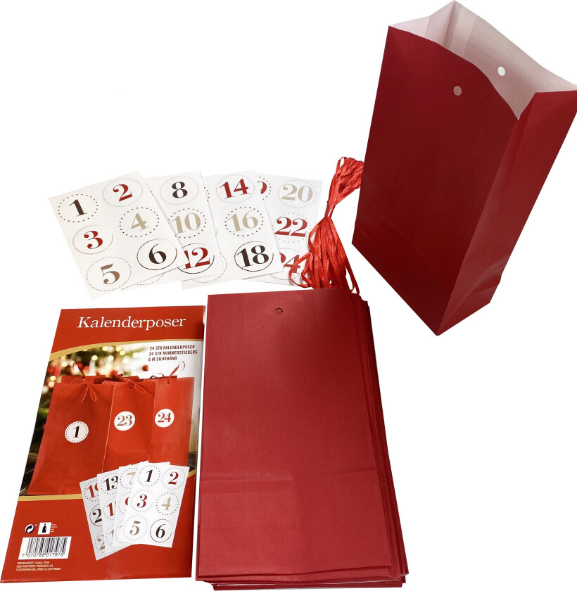 Kalenderposer 24 rød kraft m/bånd,dato