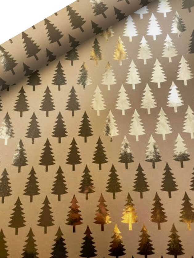 Gavepapir trær 2M kraft gullfolie brun