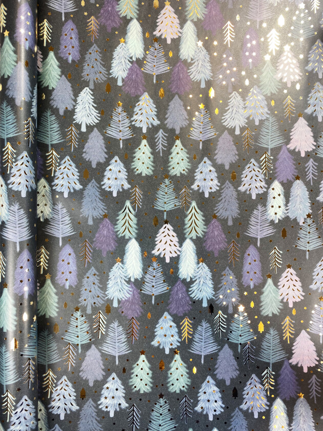 Gavepapir juletrær 2M blå/grønn/gull