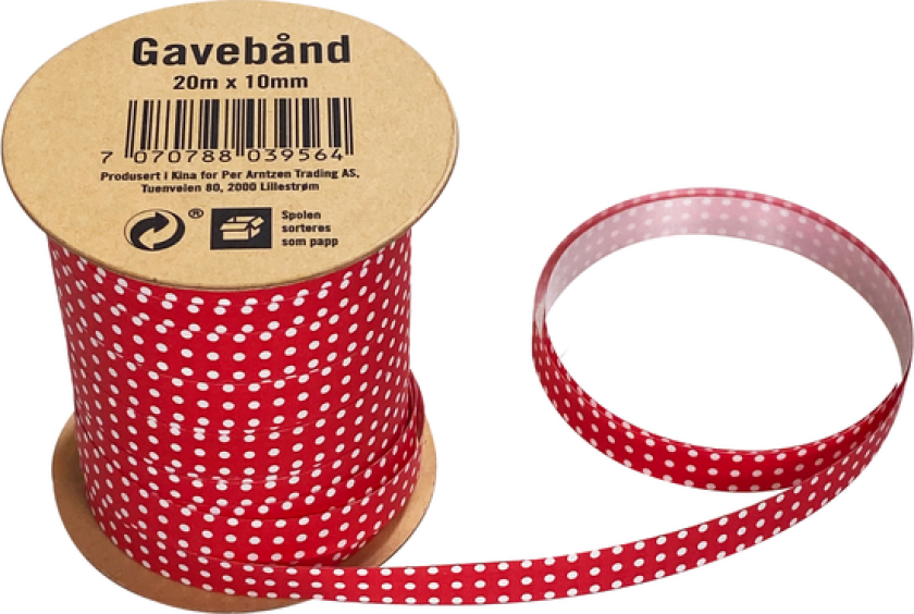 Gavebånd prikker 20m x 10mm rød/hvit