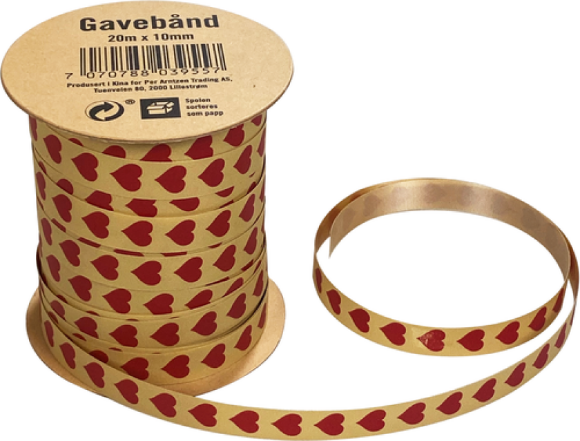 Gavebånd hjerter 20m x 10mm kraft/rød