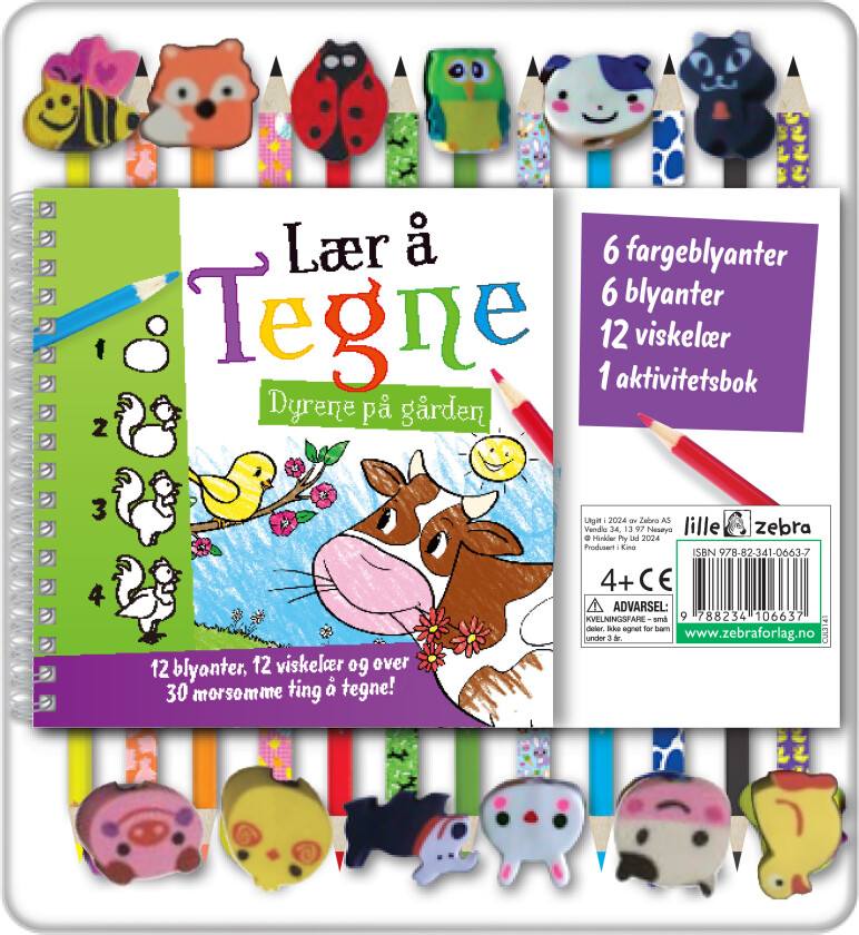 Fargeblyanter 12 m/viskelær tegnebok dyr